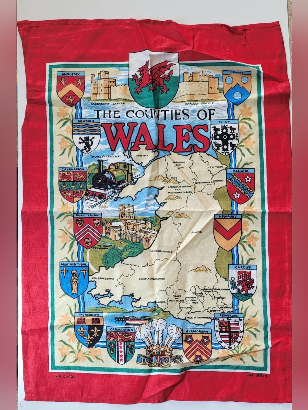 The Counties Of Wales tea towel 100% Cotton.